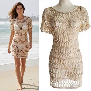 Macramé Crochet Open Weave Dress Beach Coverup Beige Size S/M